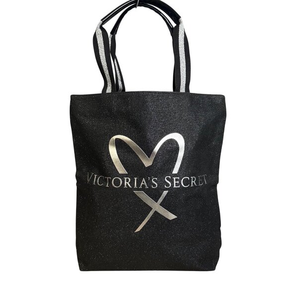 Victorias Secret Black Glitter Canvas Tote Bag With Logo & Striped Handles - Picture 1 of 9